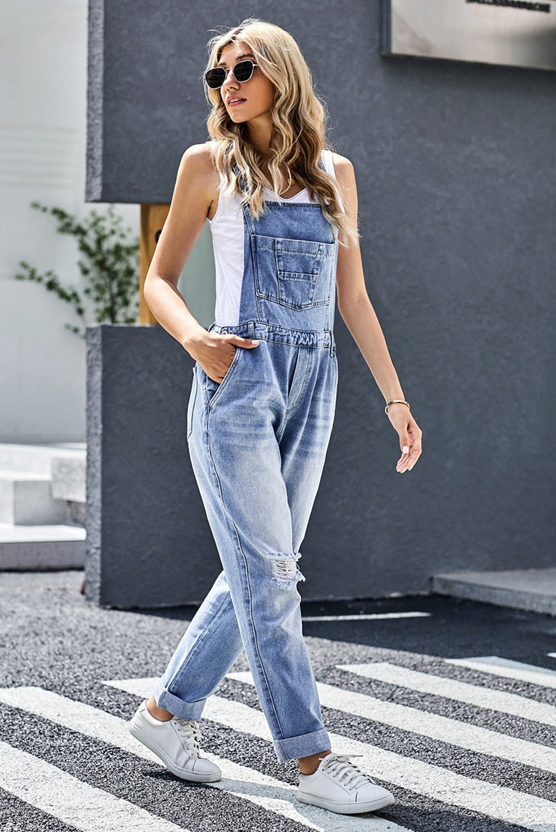 Women&#039;s Overalls With Holes Washed Loose Jumpsuit Overalls Women&#039;s Pants