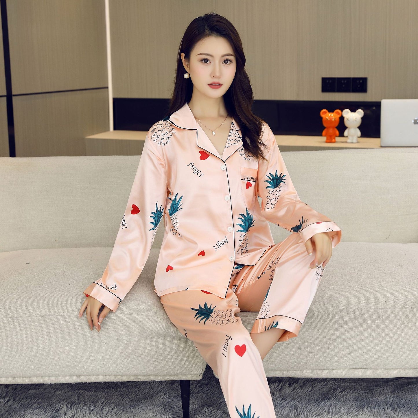 Ice Silk Pajamas Women's Summer Women's suit Long-sleeved Trousers Silk-like Pajamas Casual Light Luxury plus size Home Clothes