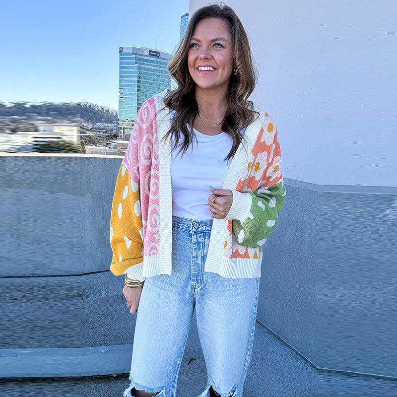 European And American Personality Niche Color-matching Printed Cardigan Sweater For Women 2024 Winter New Loose Warm Knitted Cardigan For Women