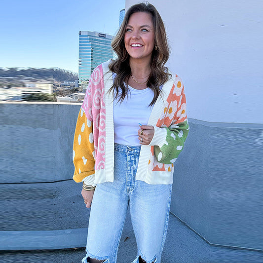 European And American Personality Niche Color-matching Printed Cardigan Sweater For Women 2024 Winter New Loose Warm Knitted Cardigan For Women