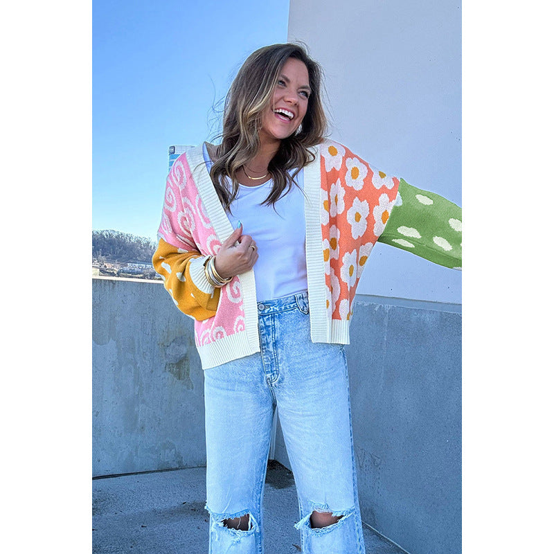 European And American Personality Niche Color-matching Printed Cardigan Sweater For Women 2024 Winter New Loose Warm Knitted Cardigan For Women