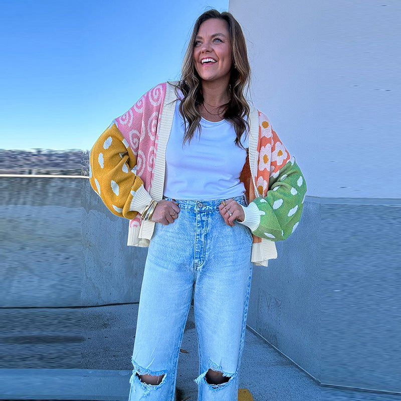 European And American Personality Niche Color-matching Printed Cardigan Sweater For Women 2024 Winter New Loose Warm Knitted Cardigan For Women