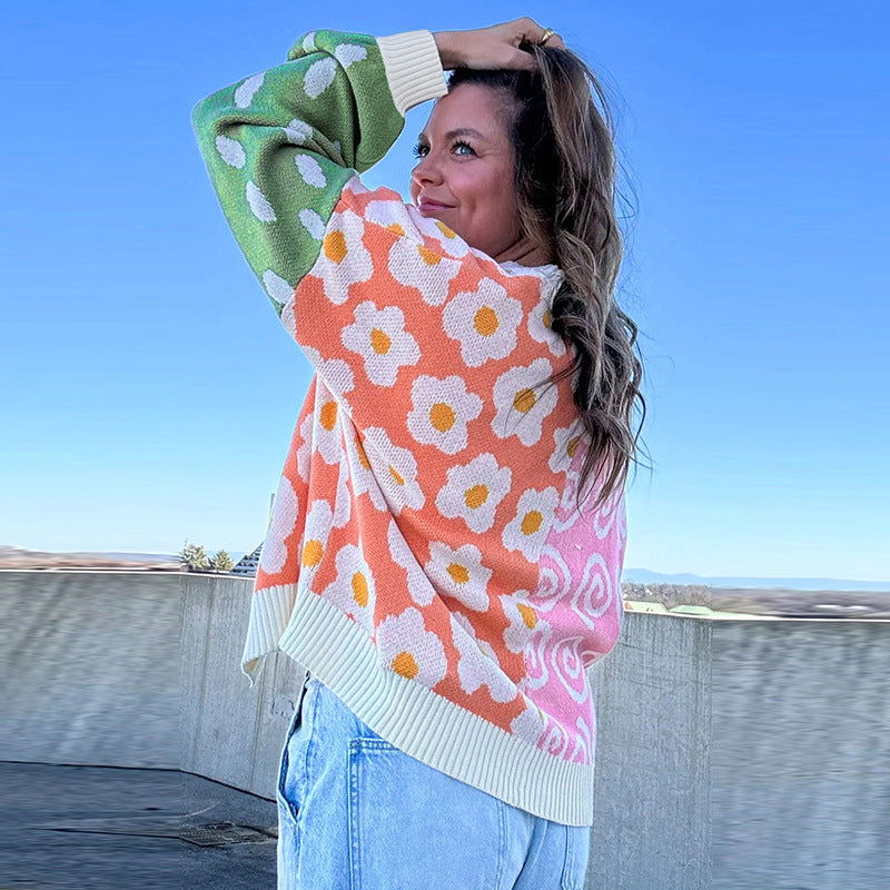 European And American Personality Niche Color-matching Printed Cardigan Sweater For Women 2024 Winter New Loose Warm Knitted Cardigan For Women