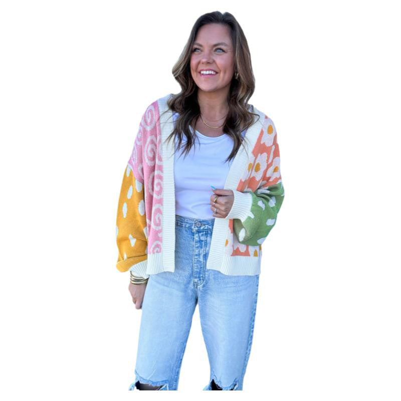 European And American Personality Niche Color-matching Printed Cardigan Sweater For Women 2024 Winter New Loose Warm Knitted Cardigan For Women