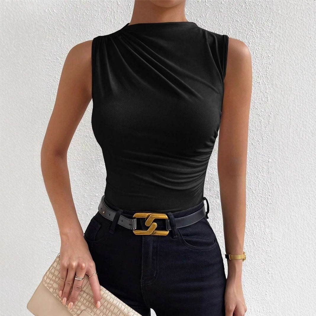 Cross-border European And American Women&#039;s 2024 Spring And Summer New Fashion All-match Solid Color Pleated Sleeveless Pullover Half-high Collar T-shirt