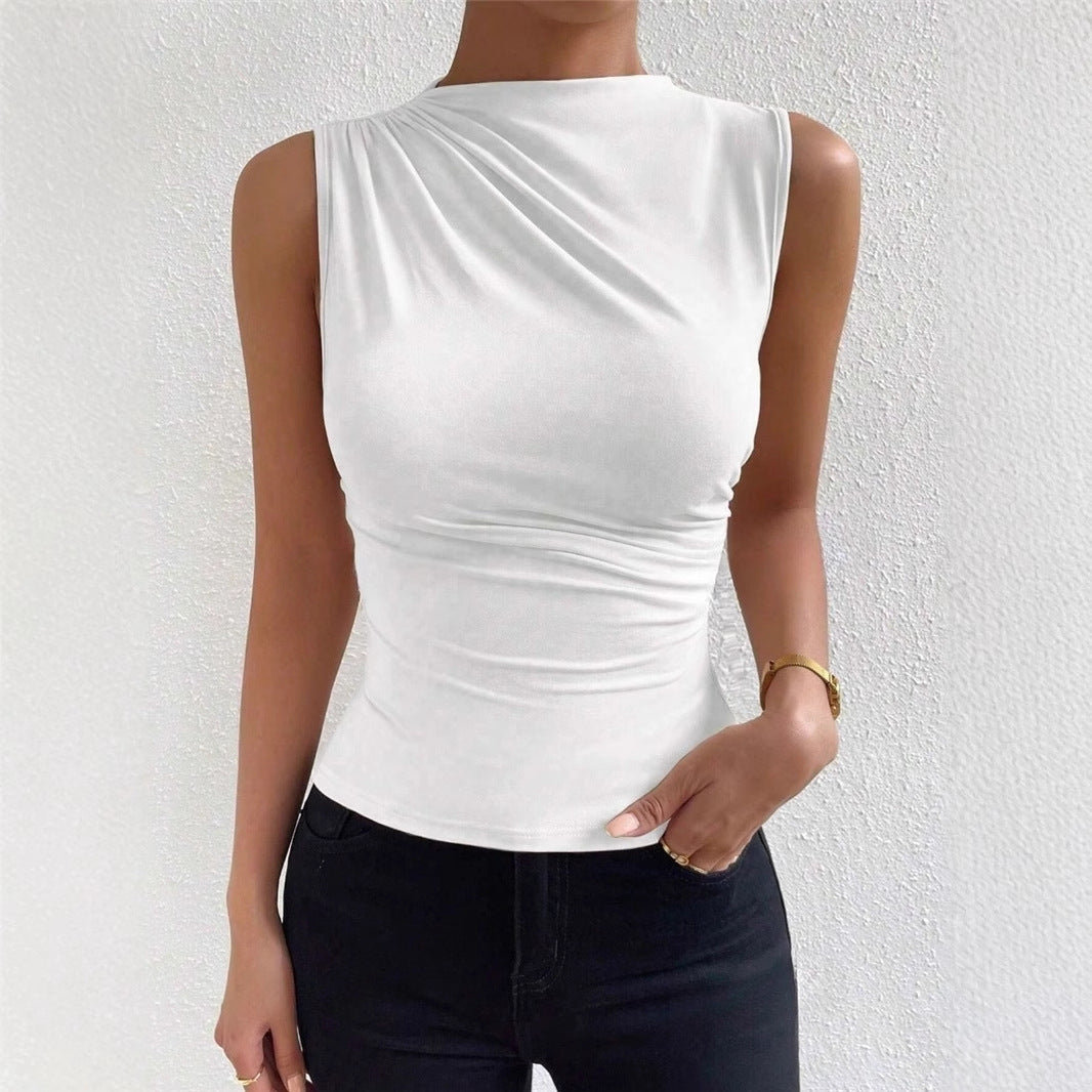 Cross-border European And American Women&#039;s 2024 Spring And Summer New Fashion All-match Solid Color Pleated Sleeveless Pullover Half-high Collar T-shirt
