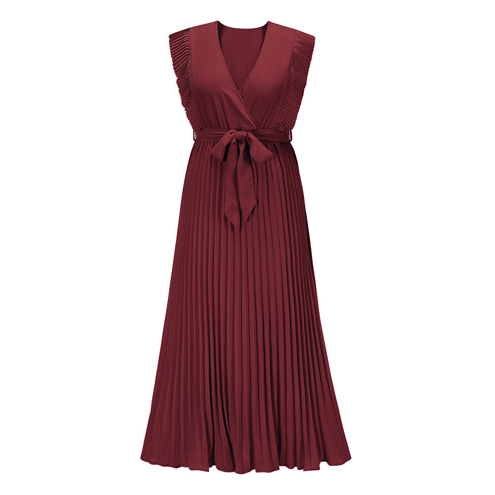 Elegant Beach Long Dress Fashion Slim Fit Sexy Lotus Sleeve Chiffon Pleated Dress Solid Color Dress