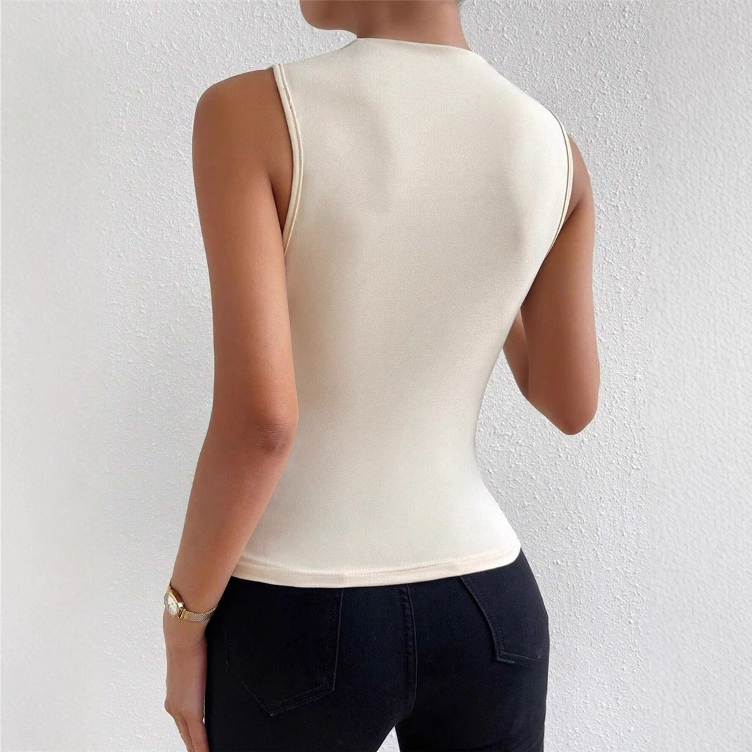 Cross-border European And American Women&#039;s 2024 Spring And Summer New Fashion All-match Solid Color Pleated Sleeveless Pullover Half-high Collar T-shirt