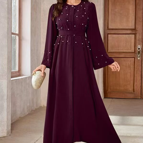 Long-sleeved pearl long dress