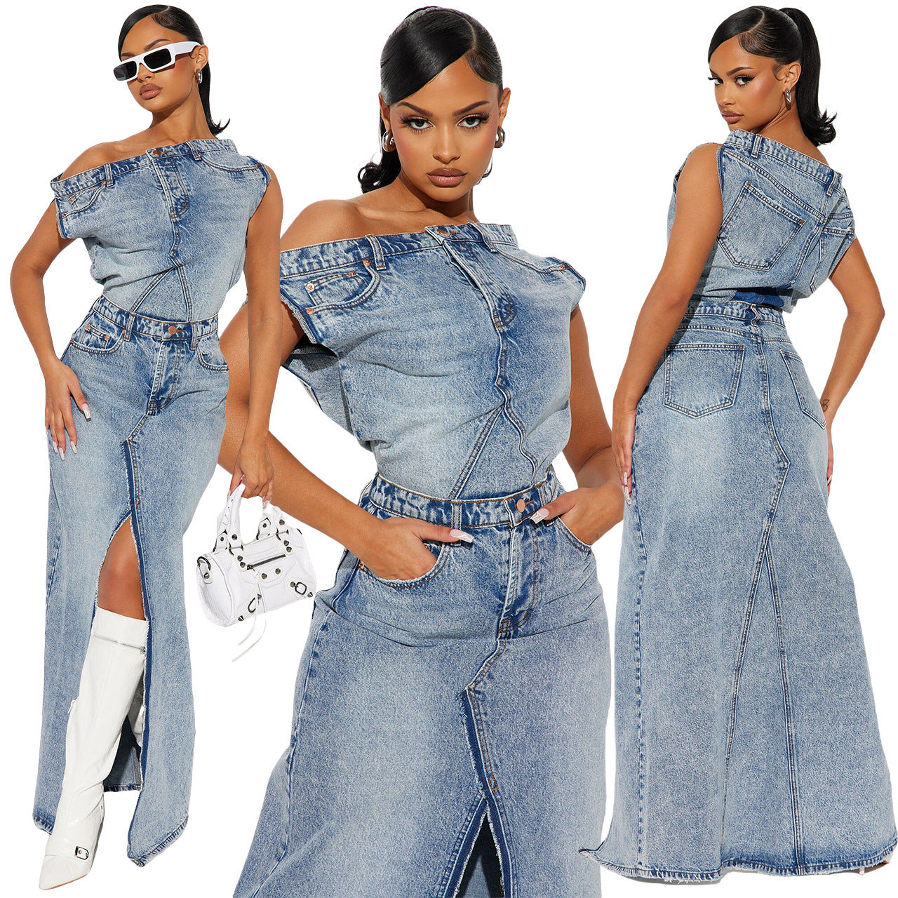 Women's Denim Skirt Suit Retro Split Design