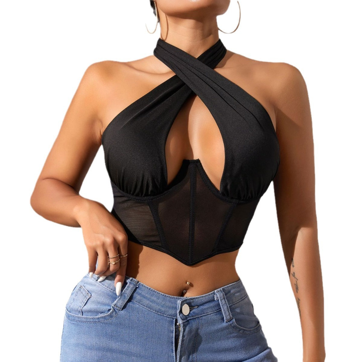 Sexy tulle patchwork halter top