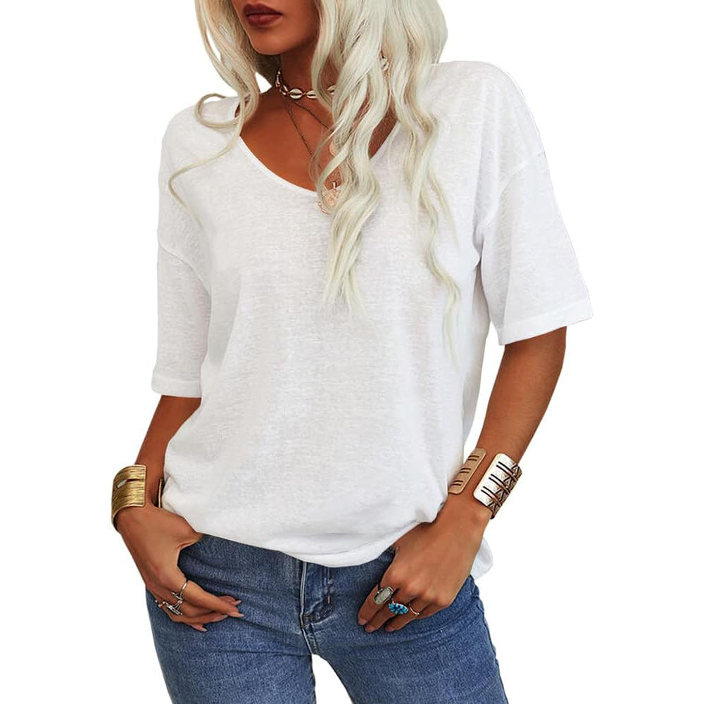 Women's T-shirt, V-neck, half-sleeved, loose shirt