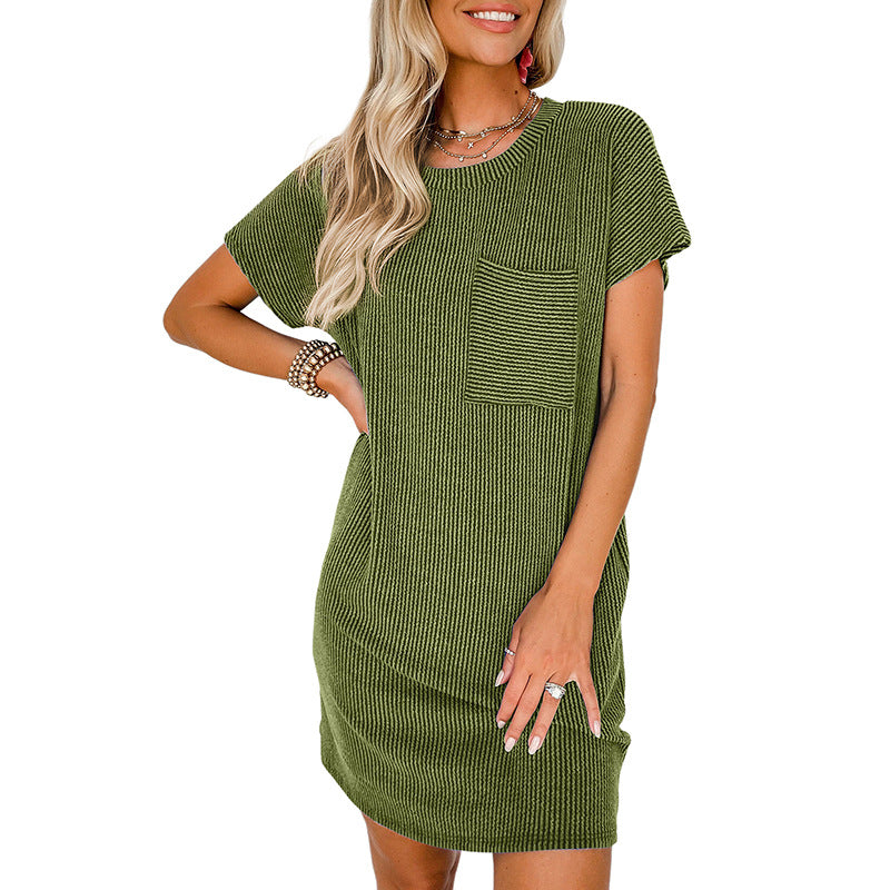 Striped Knee-length Knitted Dress with Pocket for Women
