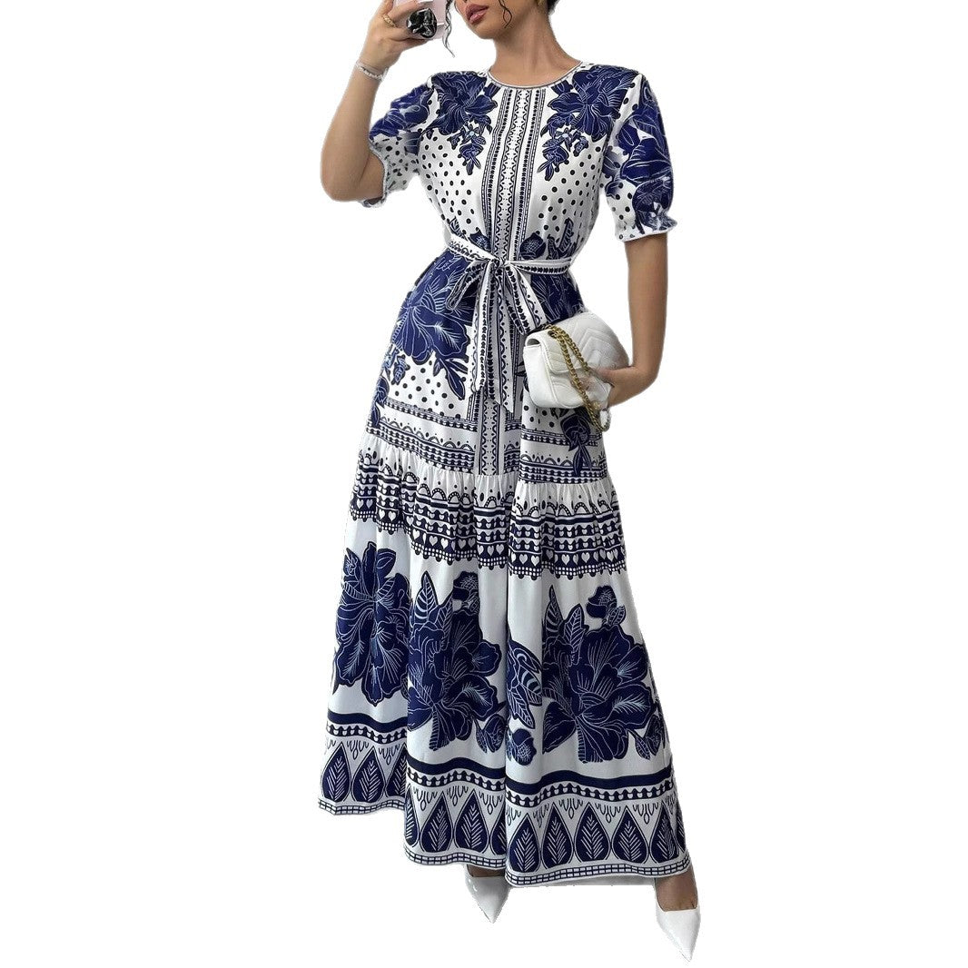 Lace-Up Elegant Ruffled Short-Sleeved Dress