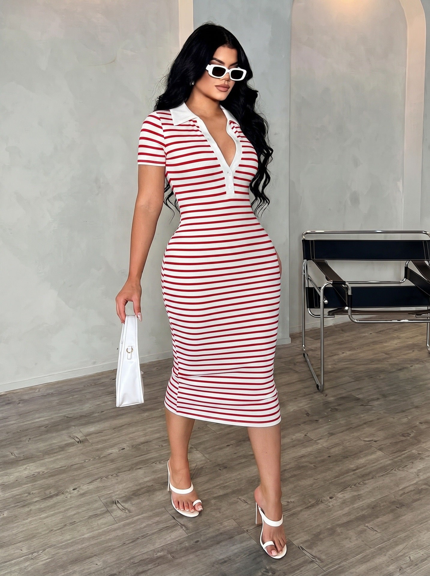 Polo Collar Striped Bodycon Midi Dress