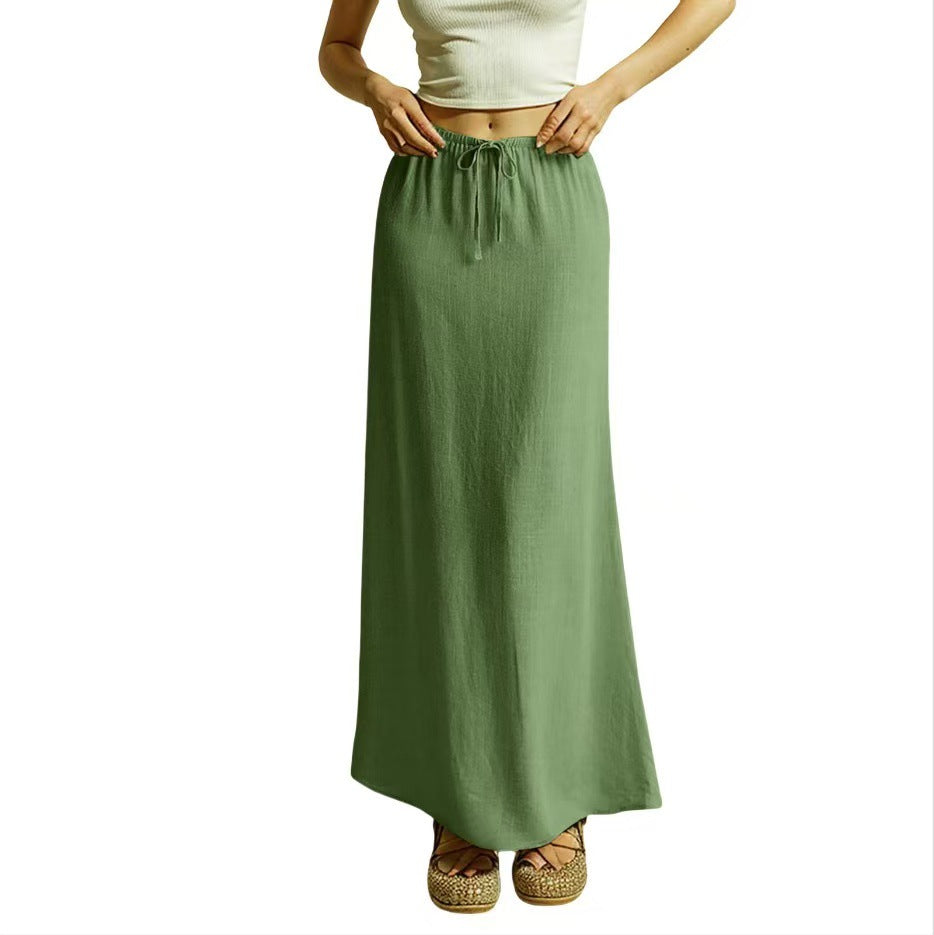 Women's solid-color drawstring elastic waist mid-length skirt