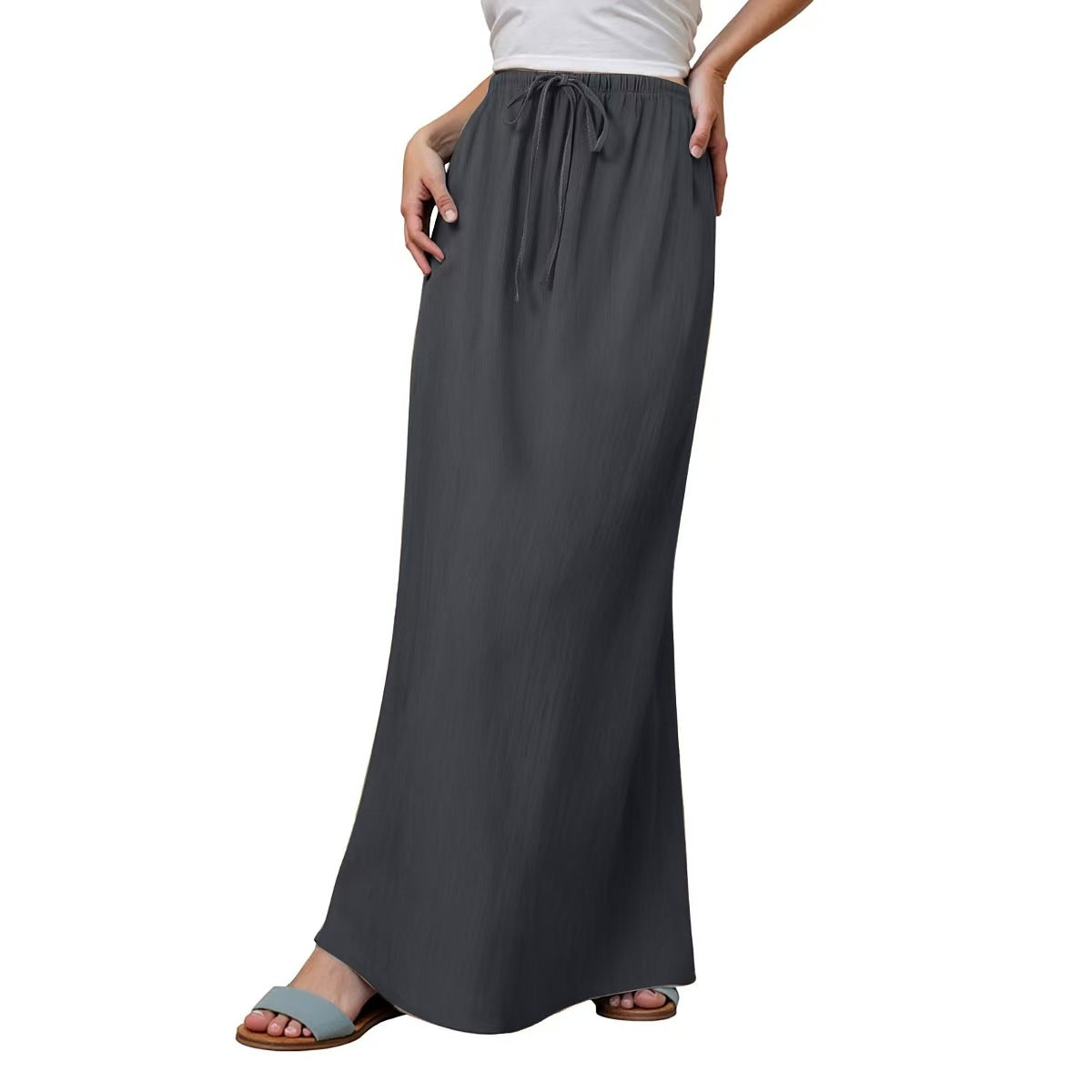 Women's solid-color drawstring elastic waist mid-length skirt