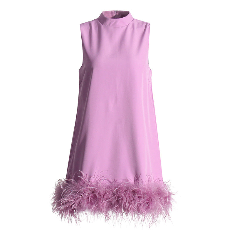 Sleeveless solid-color feather patchwork dress