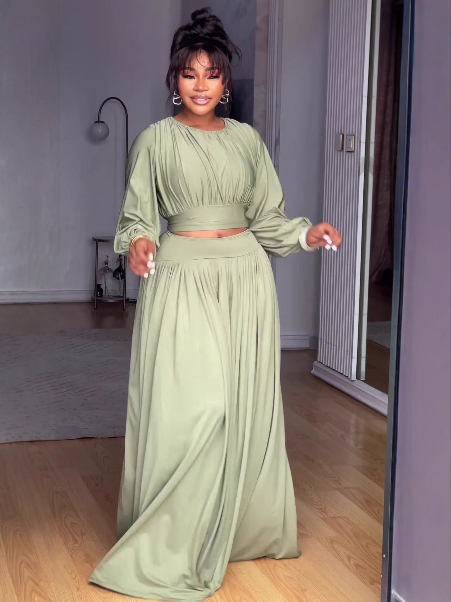Round Neck Long Sleeve Elastic Waist Flared Skirt Set