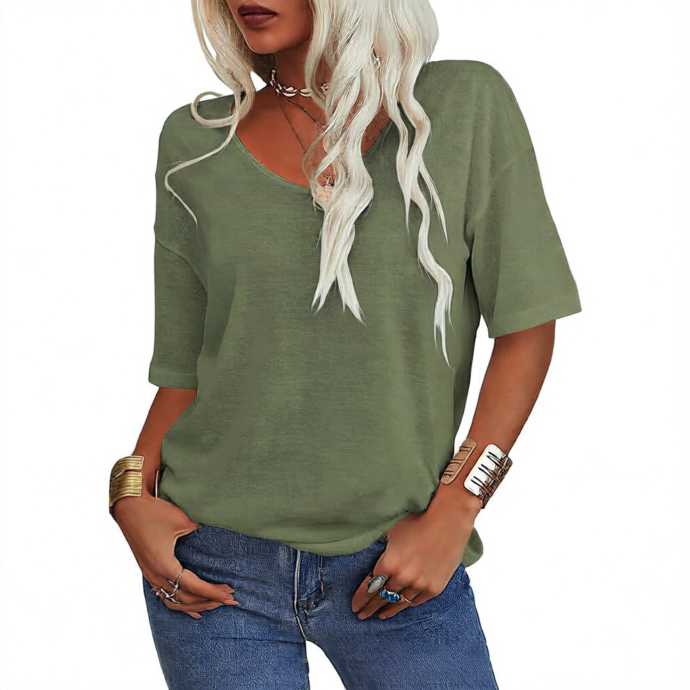 Women's T-shirt, V-neck, half-sleeved, loose shirt