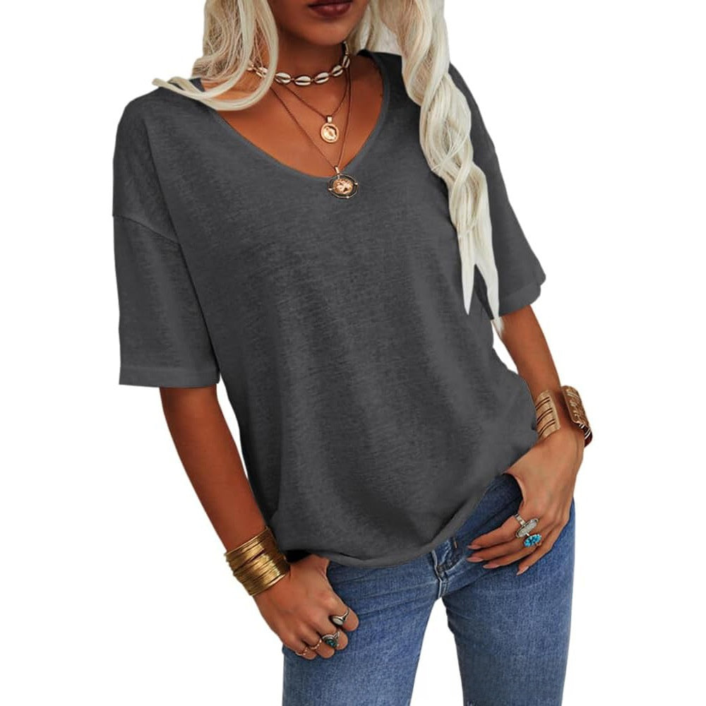 Women's T-shirt, V-neck, half-sleeved, loose shirt