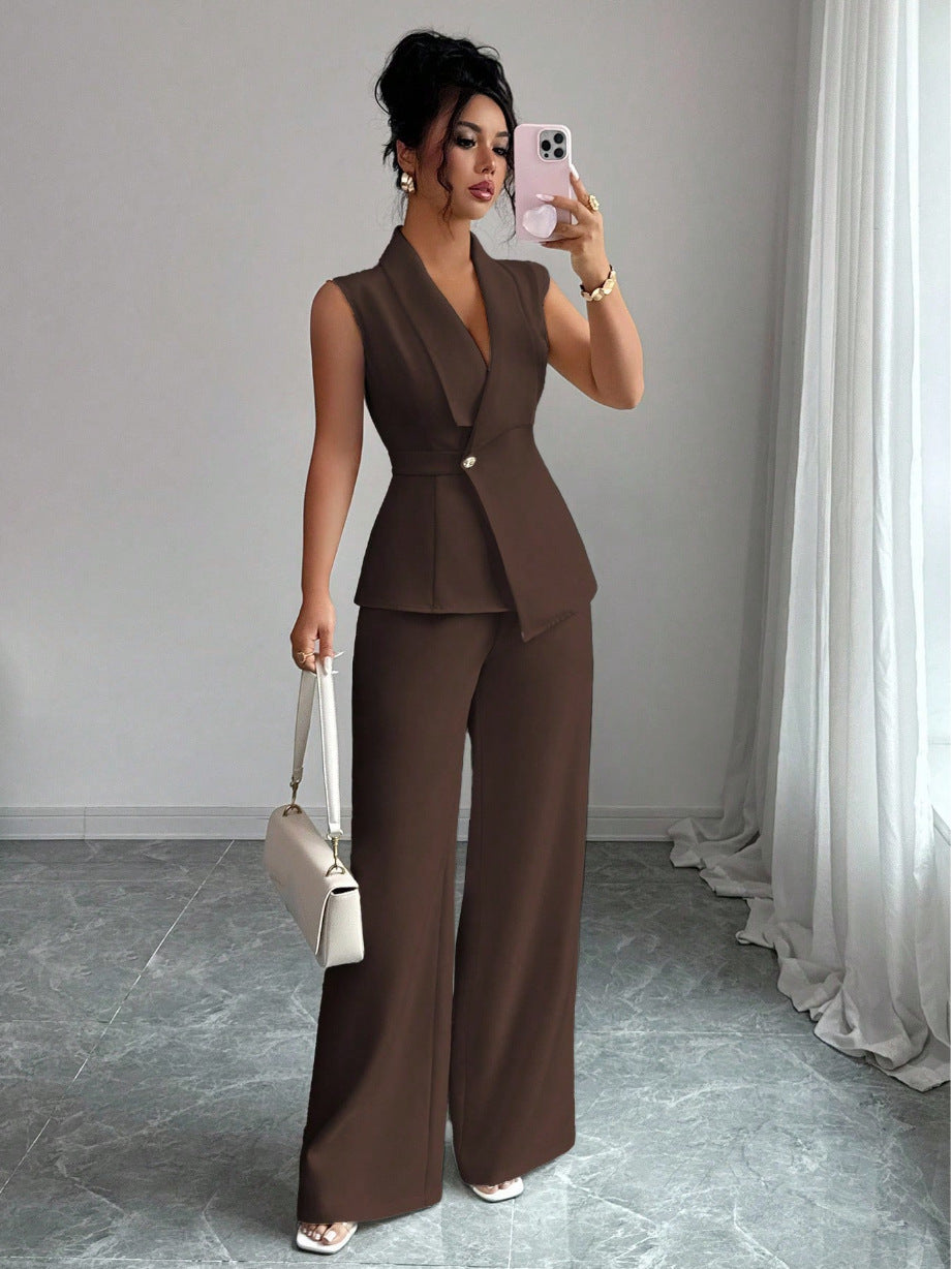 Women Sleeveless Suit and Straight Pants Two Piece Set