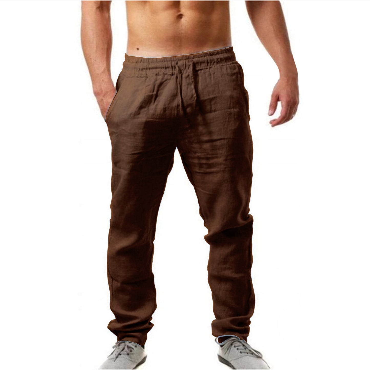 Mens Breathable Cotton Linen Casual Trousers