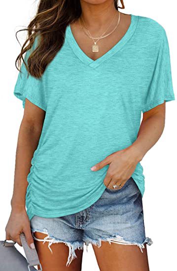 Solid-color batwing V-neck short-sleeved shirt