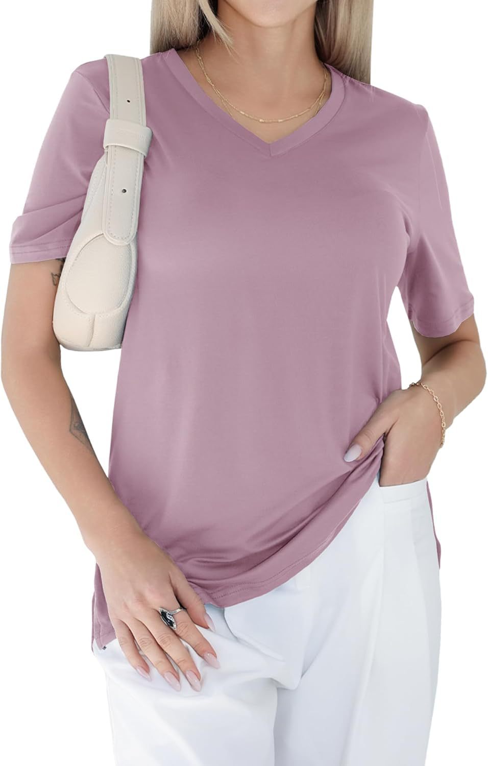 V-neck loose, straight-shoulder short-sleeved T-shirt