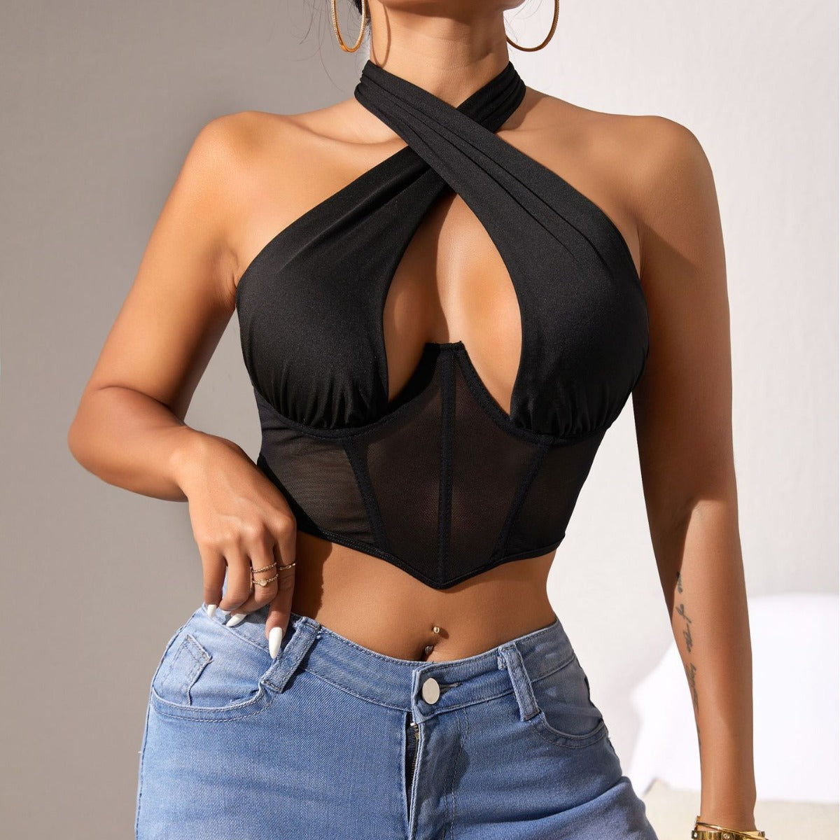 Sexy tulle patchwork halter top