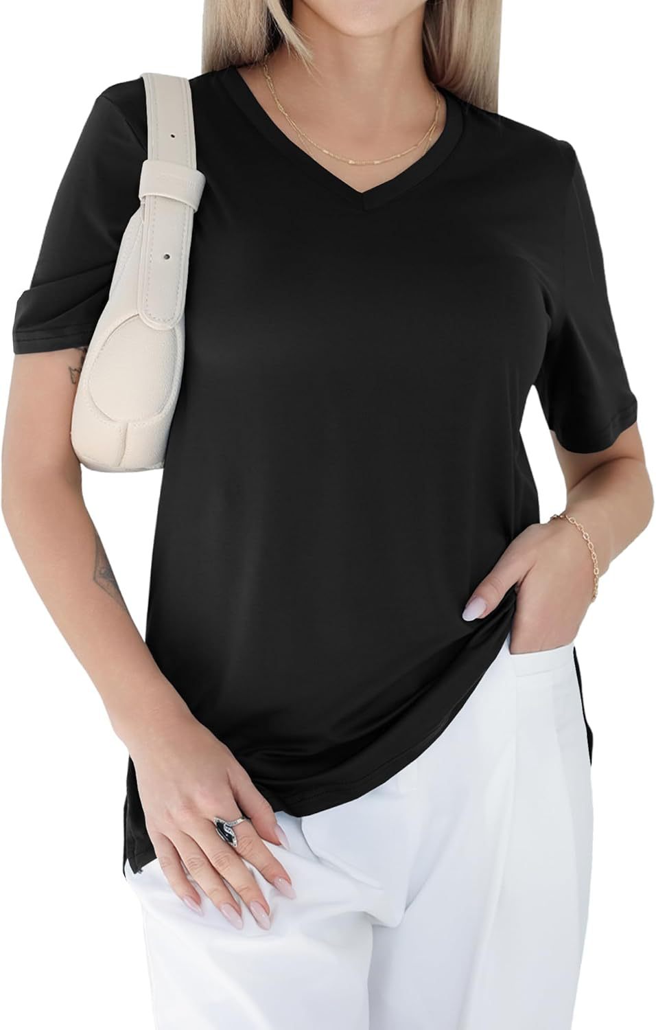 V-neck loose, straight-shoulder short-sleeved T-shirt
