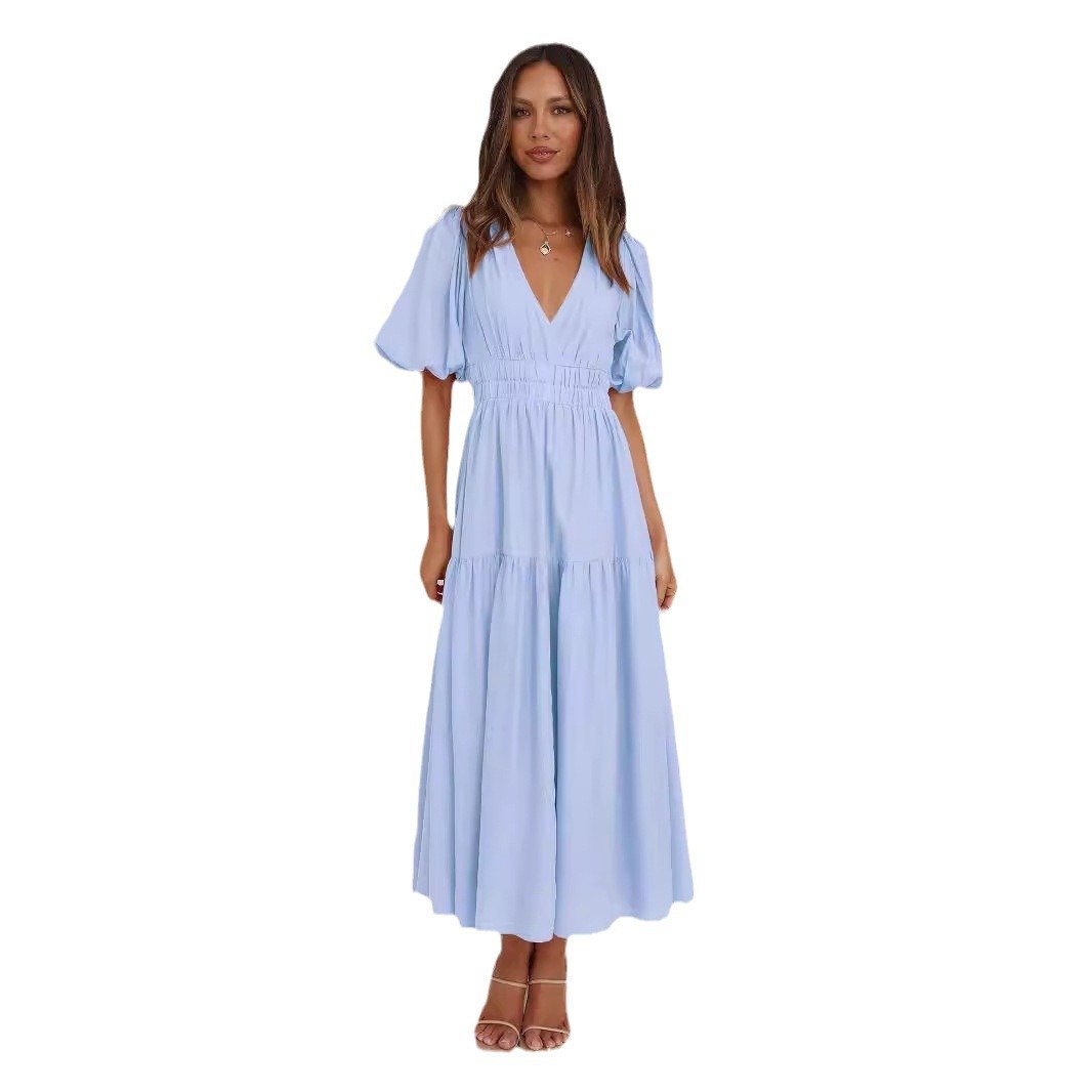 Deep V puffed sleeve vacation dress