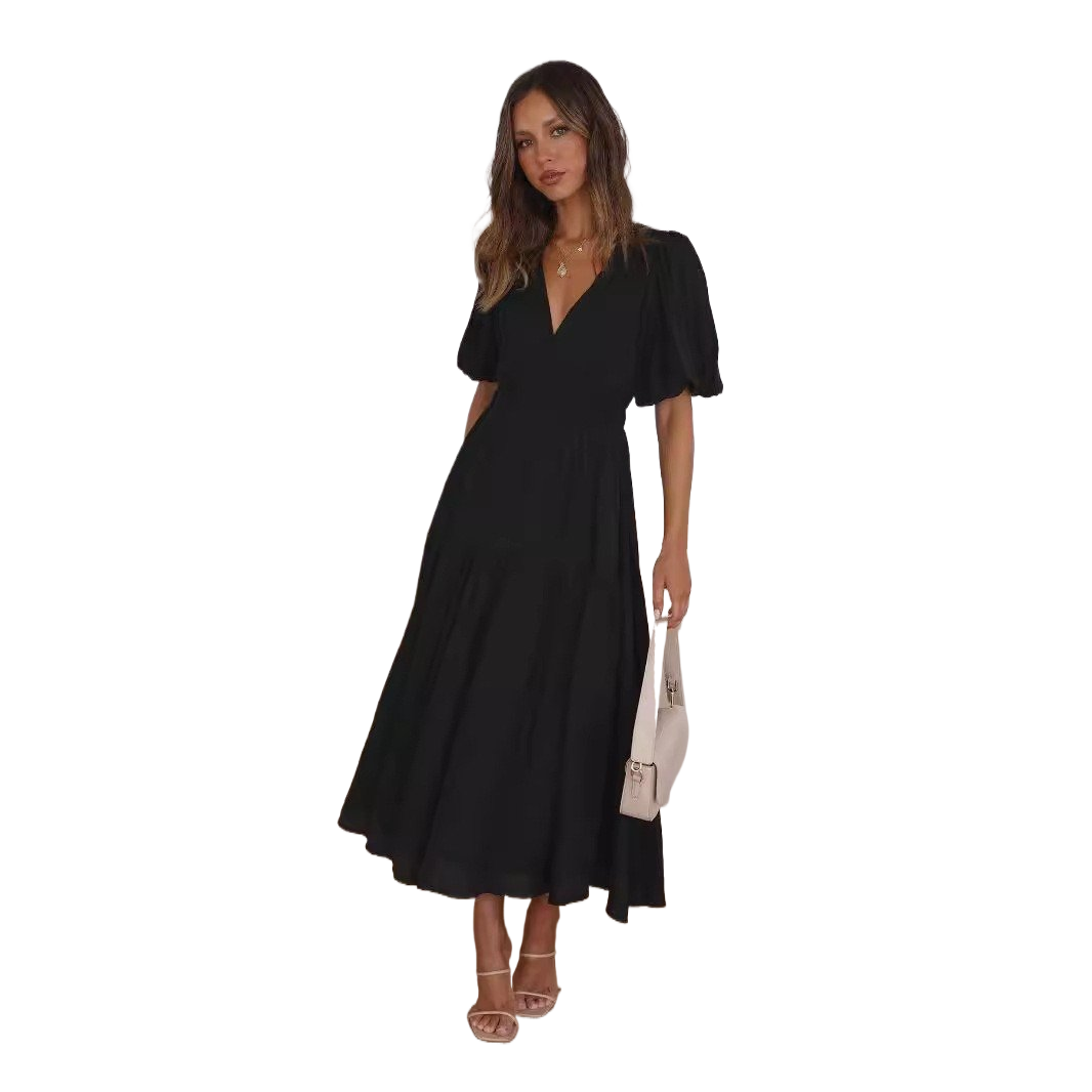 Deep V puffed sleeve vacation dress