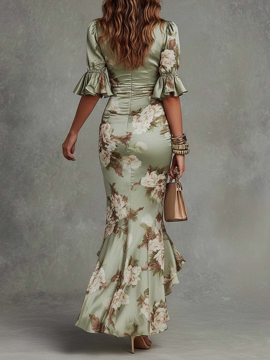 Floral Print V-Neck Slim-Fit Dress
