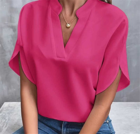 Womens Casual Solid Color V-Neck Loose Short Sleeve Blouse