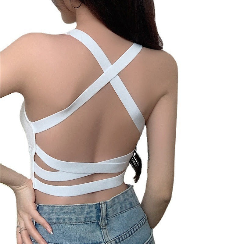 Hot Girl Sexy Beautiful Back Knitted Camisole Women's Inner Wear Summer No Rims with Breast Pads Bottoming Outer Top