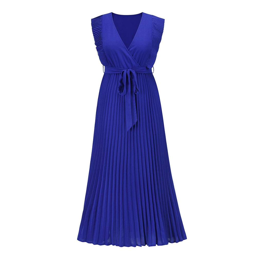 Elegant Beach Long Dress Fashion Slim Fit Sexy Lotus Sleeve Chiffon Pleated Dress Solid Color Dress