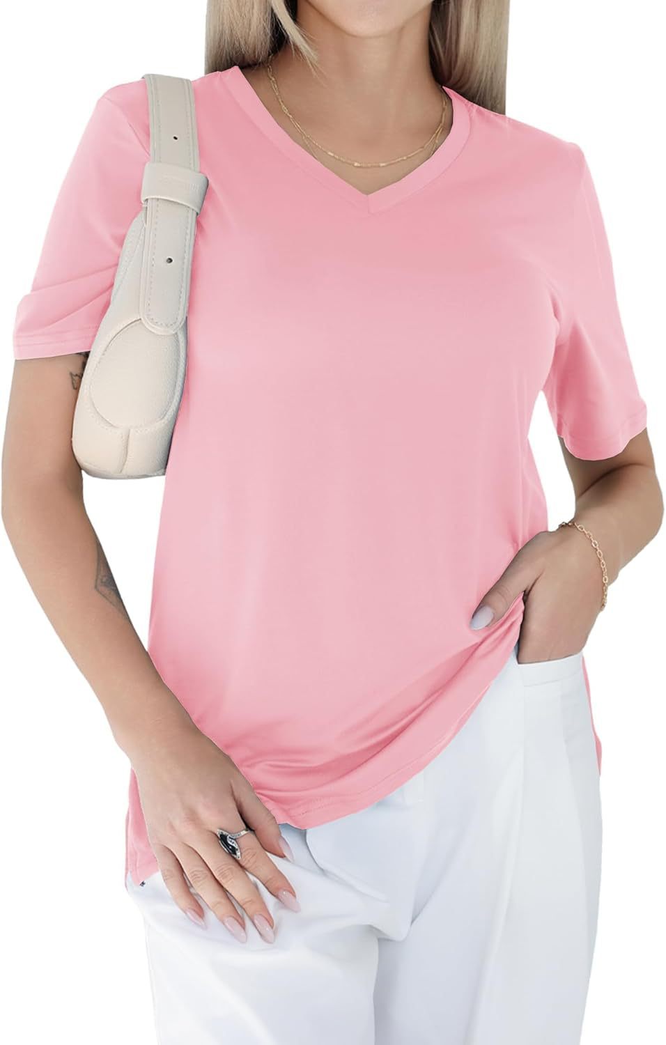 V-neck loose, straight-shoulder short-sleeved T-shirt