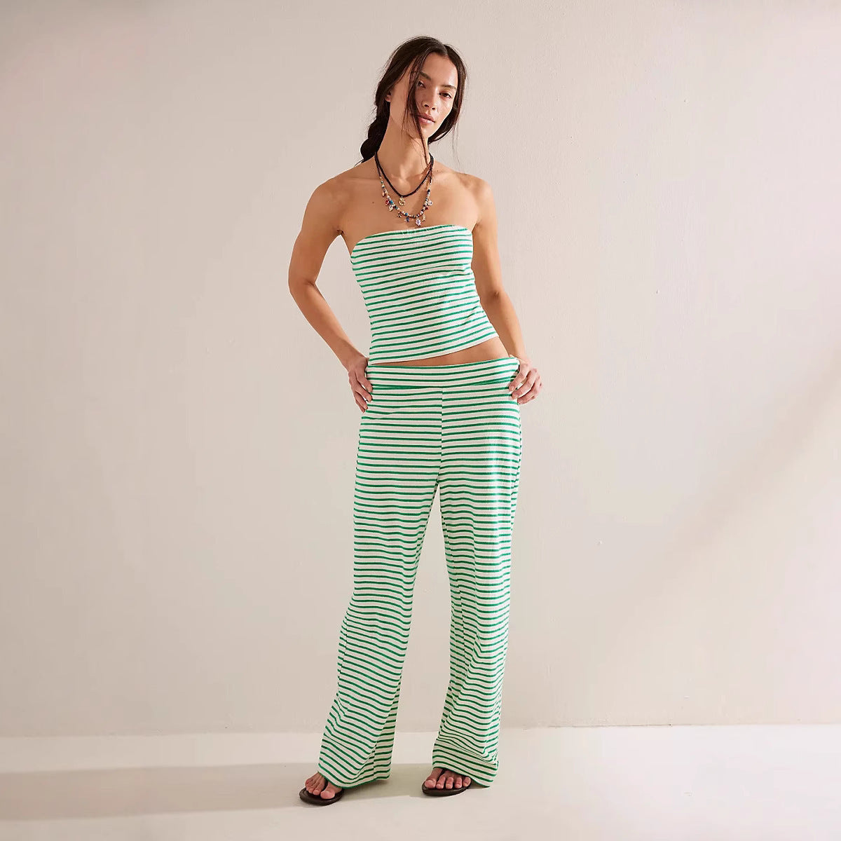Striped strapless top and trousers two-piece set