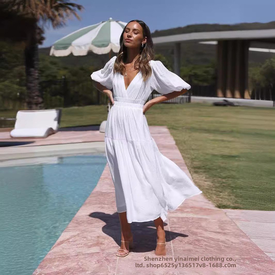 Deep V puffed sleeve vacation dress