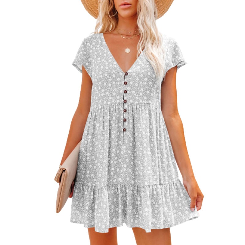V-neck button small floral short-sleeved dress