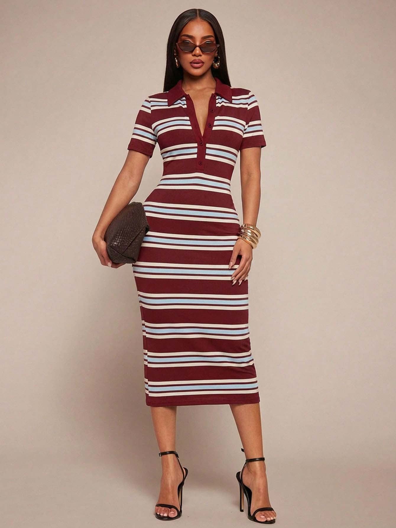 Polo Collar Striped Bodycon Midi Dress