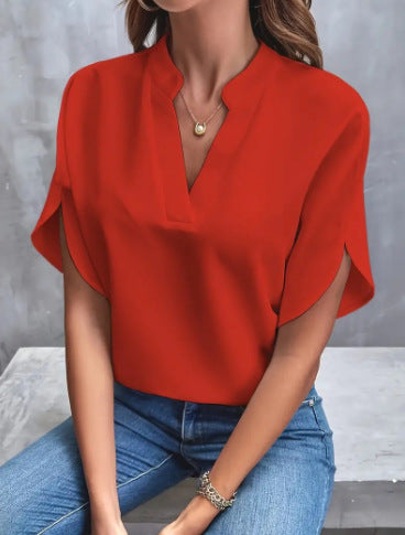 Womens Casual Solid Color V-Neck Loose Short Sleeve Blouse