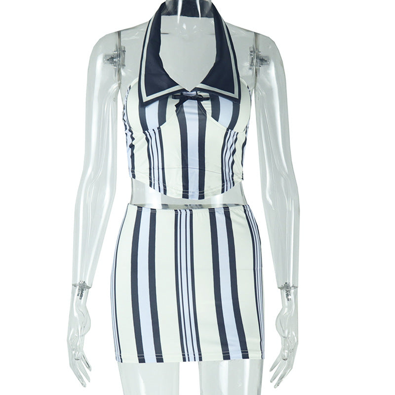 Sleeveless halter striped figure-hugging skirt set