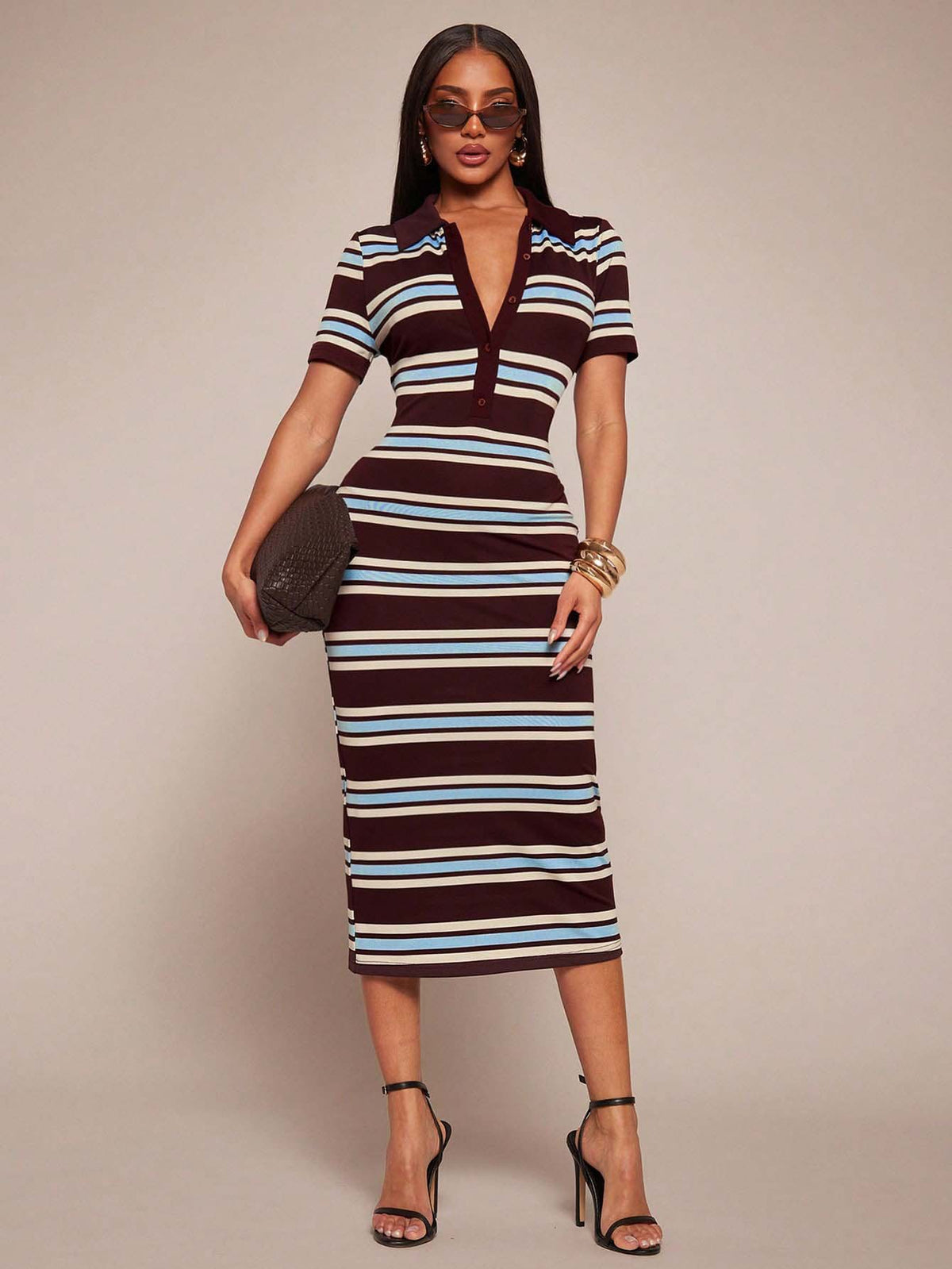 Polo Collar Striped Bodycon Midi Dress