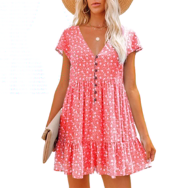 V-neck button small floral short-sleeved dress