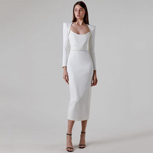 Long-sleeved fishbone high-waisted skirt