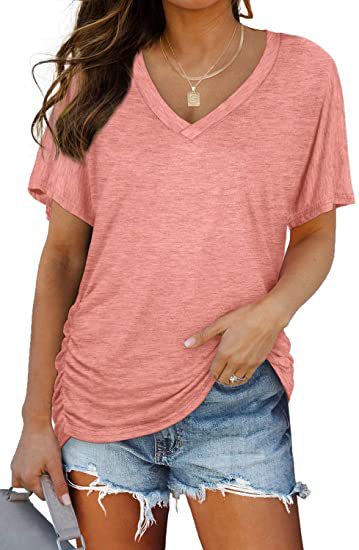 Solid-color batwing V-neck short-sleeved shirt