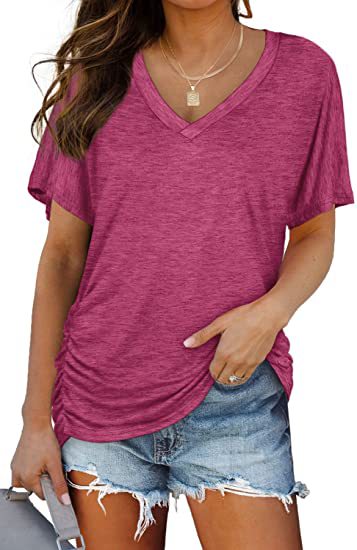 Solid-color batwing V-neck short-sleeved shirt