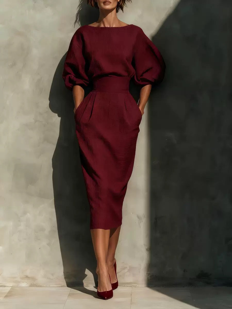 Women's Elegant Boat Neck Puff Sleeve Dress